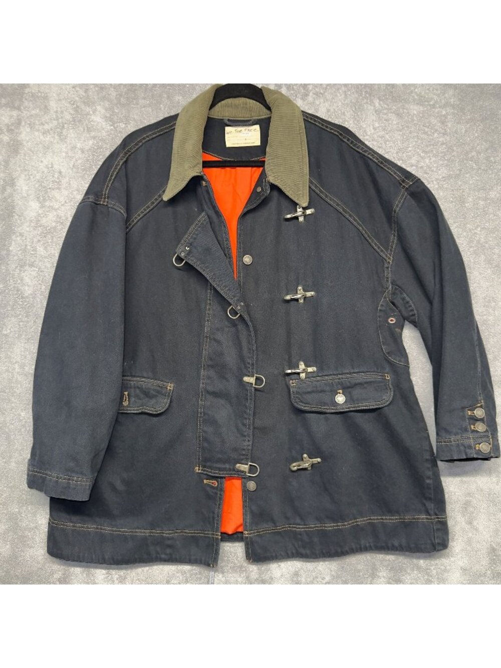 Free People Barn Coat Size L Blue Denim Toggle Jacket Navy We the Free